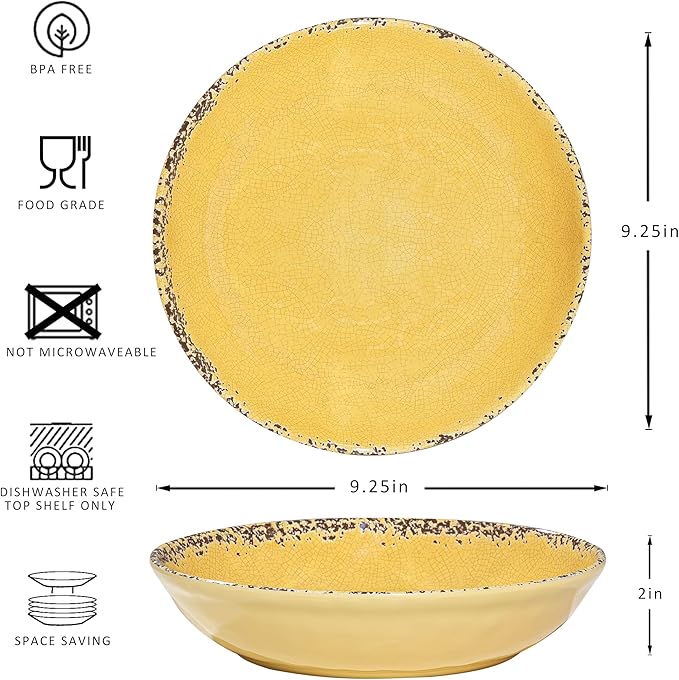ZAROCRUS Farmhouse Melamine Pasta Bowls Set, 42 OZ Large Salad Bowls Set, 9.25 inch 6 Piece large Soup Bowls,Wide and Shadow Rustic Round Serving bowl, Set of 6 Dinner Bowl,Yellow…