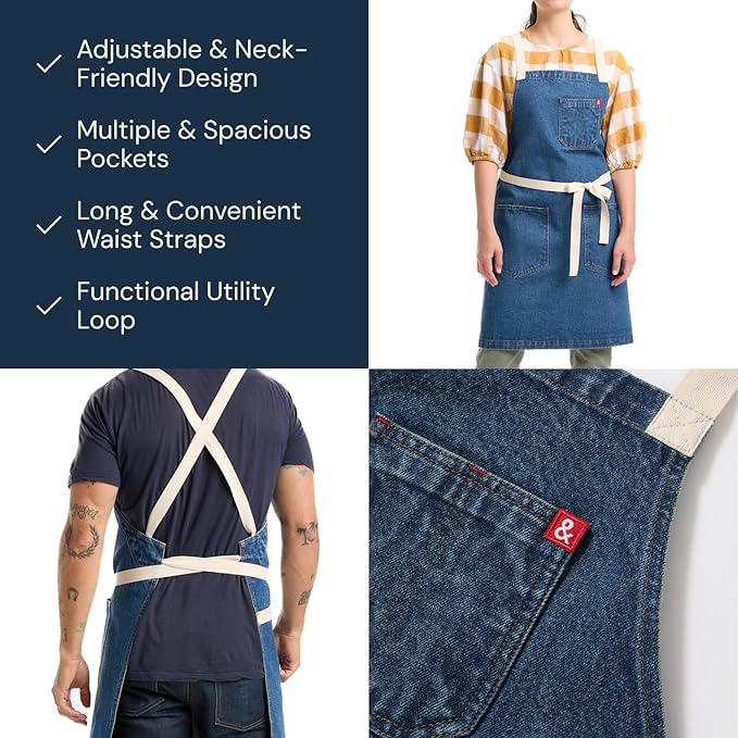 hedley & bennett Crossback Chef Apron, Pockets & Towel Loop, Georgia Blue