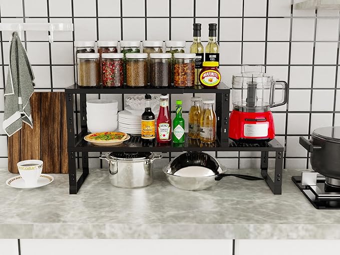 Jojocross Adjustable Expanable Stackable Spice Rack Shelf Pantry Storage Organizer for Kitchen Cabinet,Countertop,Bathroom and More.Space is no Longer Limited(3Packs/Black/Medium)