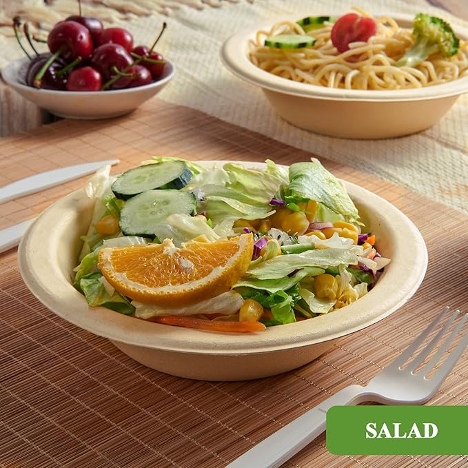 Vplus 200 Pack 12 OZ Compostable Paper Bowls, Bagasse Bowls，Nature