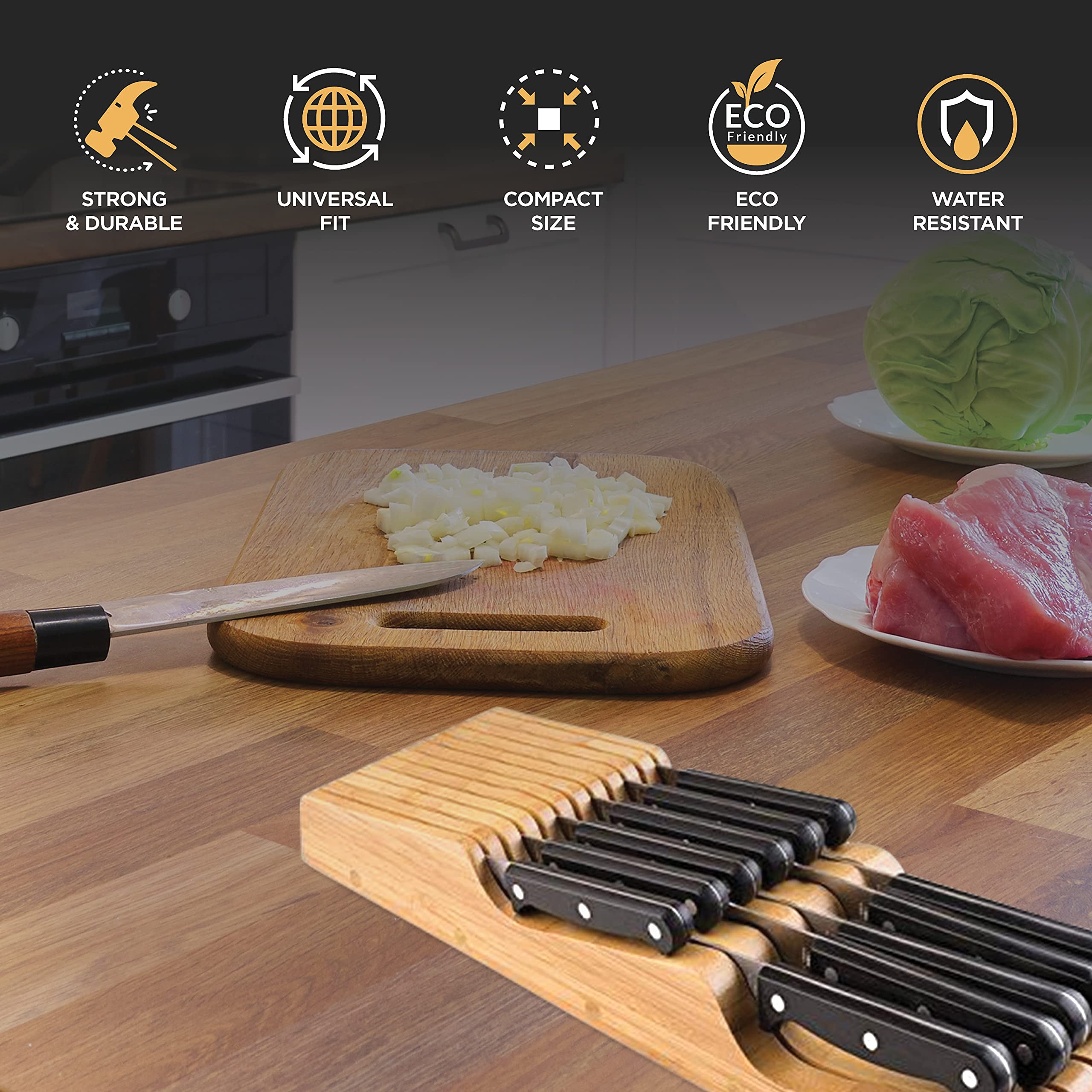 Bambüsi Knife Drawer Organizer 16 Slot In-Drawer Knife Block Holder, Bamboo