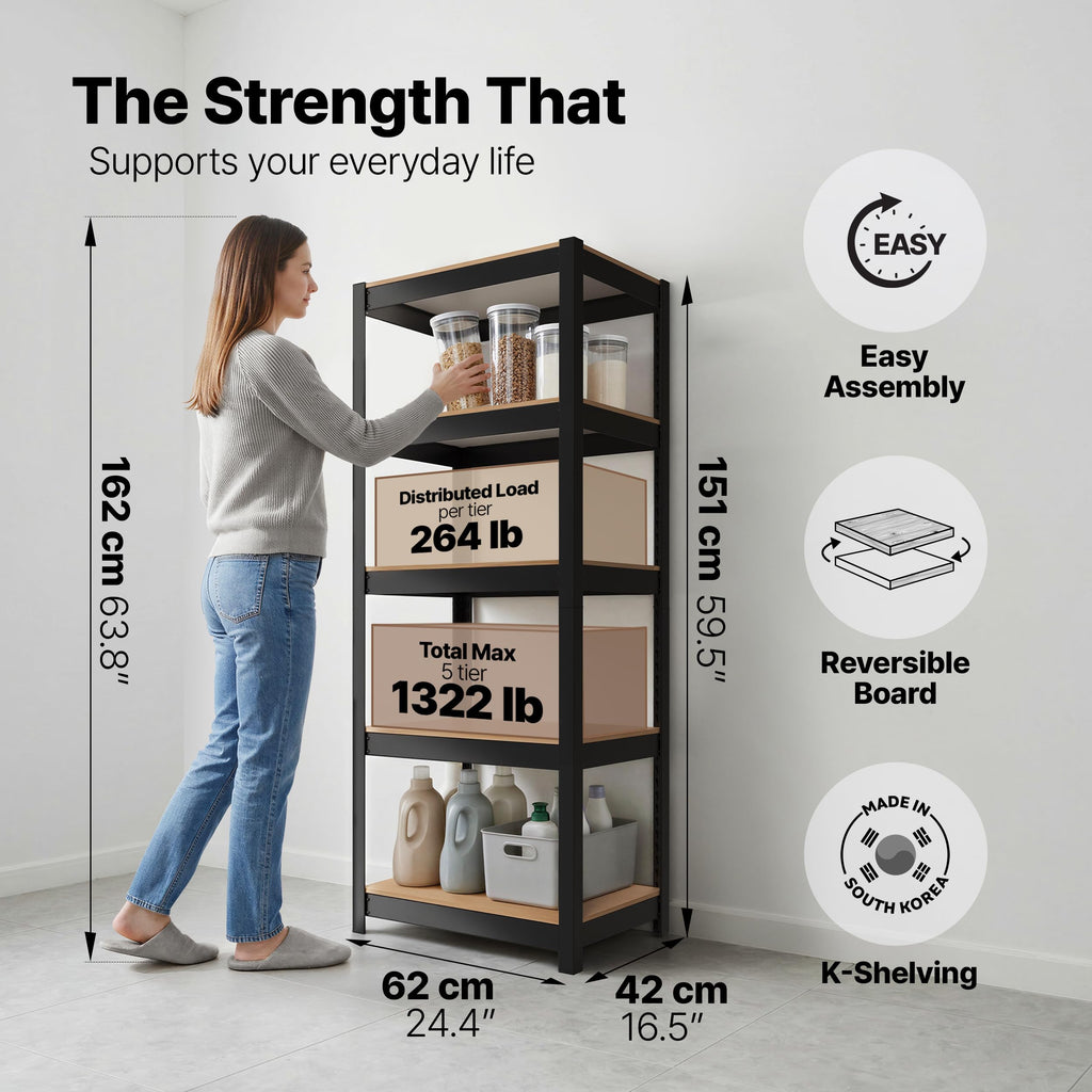 HOMEDANT House 24.4" W 5 Tier Heavy Duty Garage Shelving Adjustable Metal Rack Storage Shelves Standing Shelf Unit Organizers Pantry Closet Office Black 2Pack