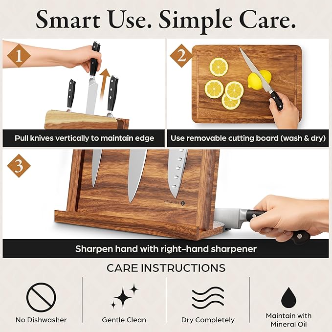 3 in 1 Magnetic Knife Block Stand, 14"x10" Cutting Board, Knife Sharpener - Wooden Magnetic Knife Holder - Acacia Display Holder Double Sided Storage Rack Magnets for Knives - No Assembly Required