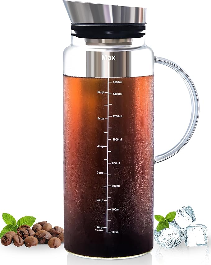 Aquach 51oz Cold Brew Coffee Maker, Borosilicate Glass Pitcher for Iced Tea