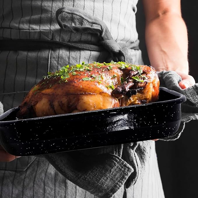 3-Pack Turkey Roasting Pans 17/15/13Inch Spotted Enamel Steel,Ovens Cake Roaster Pan Set Deep Lasagna Baking Pan Vessel Used for Dinners Cooking Safe Easy to Clean Bakeware Merry Christmas Gift