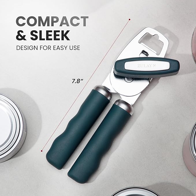 Zulay Kitchen Heavy Duty Stainless Steel Can Opener Manual with Bottle Opener - Rust Proof Manual Can Opener With Turn Knob & Comfy Soft Grip Handles - Green