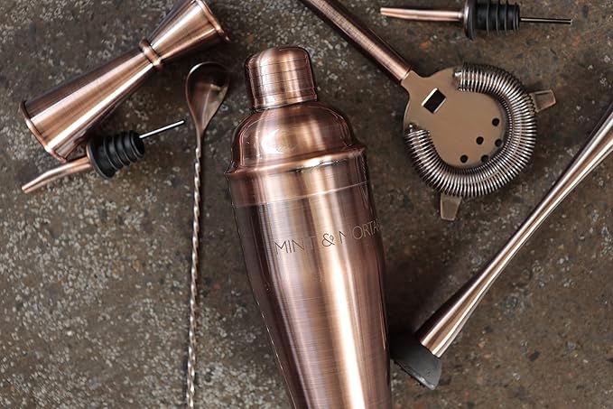 Mint & Mortar Cocktail Shaker Set – 7-Piece Stainless Steel Bartender Kit with Premium Bamboo Stand for Home Bartending - All-in-One Mixology Set for Beginners & Pros (Brushed Copper)