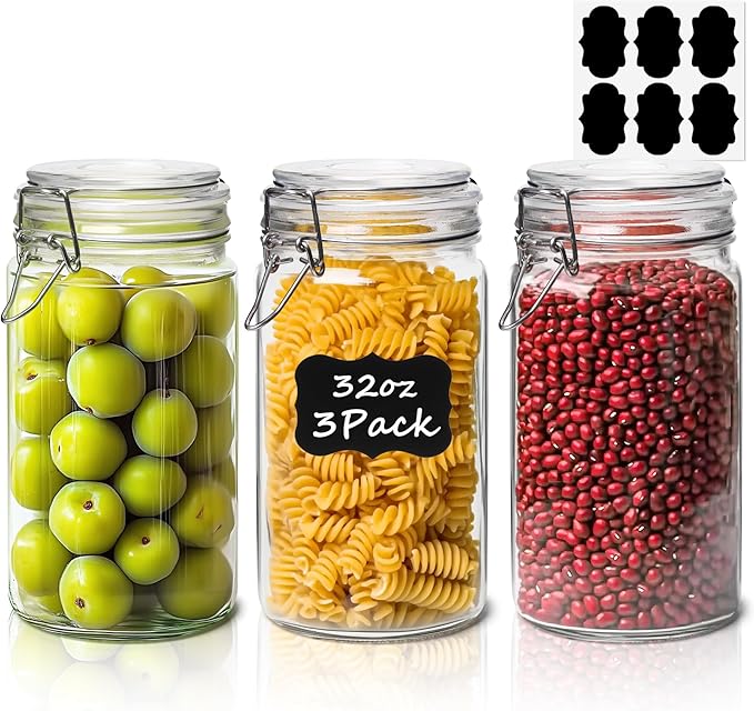 ComSaf Glass Pantry Jars with Airtight Lids 34 oz 3 Pack Coffee Canisters
