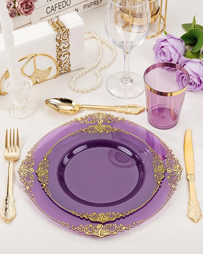 Nervure 350Pcs Purple Plastic Plates, Plastic Dinnerware Set for 50 Guests
