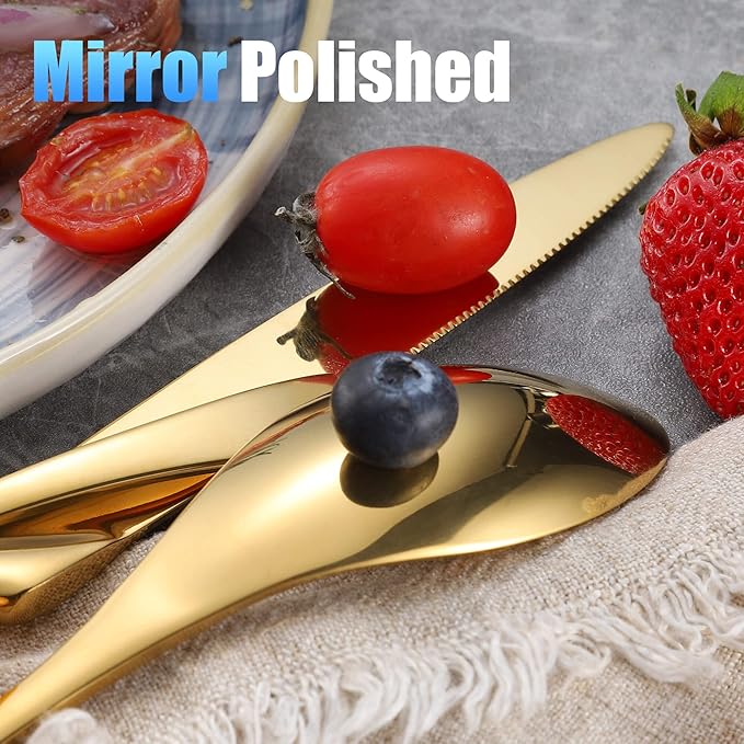 Lemeya 20-Pieces Gold Silverware Set for 4,Heavy Duty 18/10 Stainless Steel Flatware Set with Forged Stand Knives,Modern Cutlery Utensil Set,Mirror Polished,Dishwasher Safe