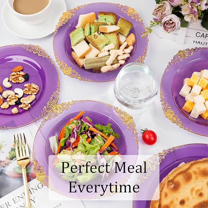 Nervure 50PCS Purple Plastic Bowls with Gold Rim 12oz Disposable Soup Bowls