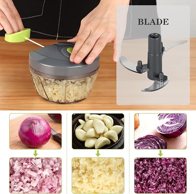 Cambom Manual Food Chopper Vegetable Cutter, Hand String Vegetable Chopper Onions Cutter for Vegetable Fruits Nuts BPA Free Food Safe Material, 500ml Gray