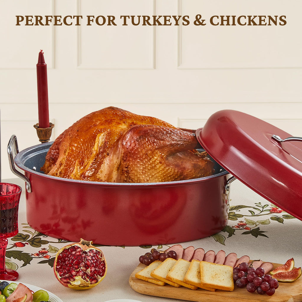 BRONYPRO Large Turkey Roasting Pan with Lid & Rack, 18-Inch Durable Granite Non-Stick Roaster, 20 lb Capacity for Roasting Turkey, Chicken, or Vegetables, Red