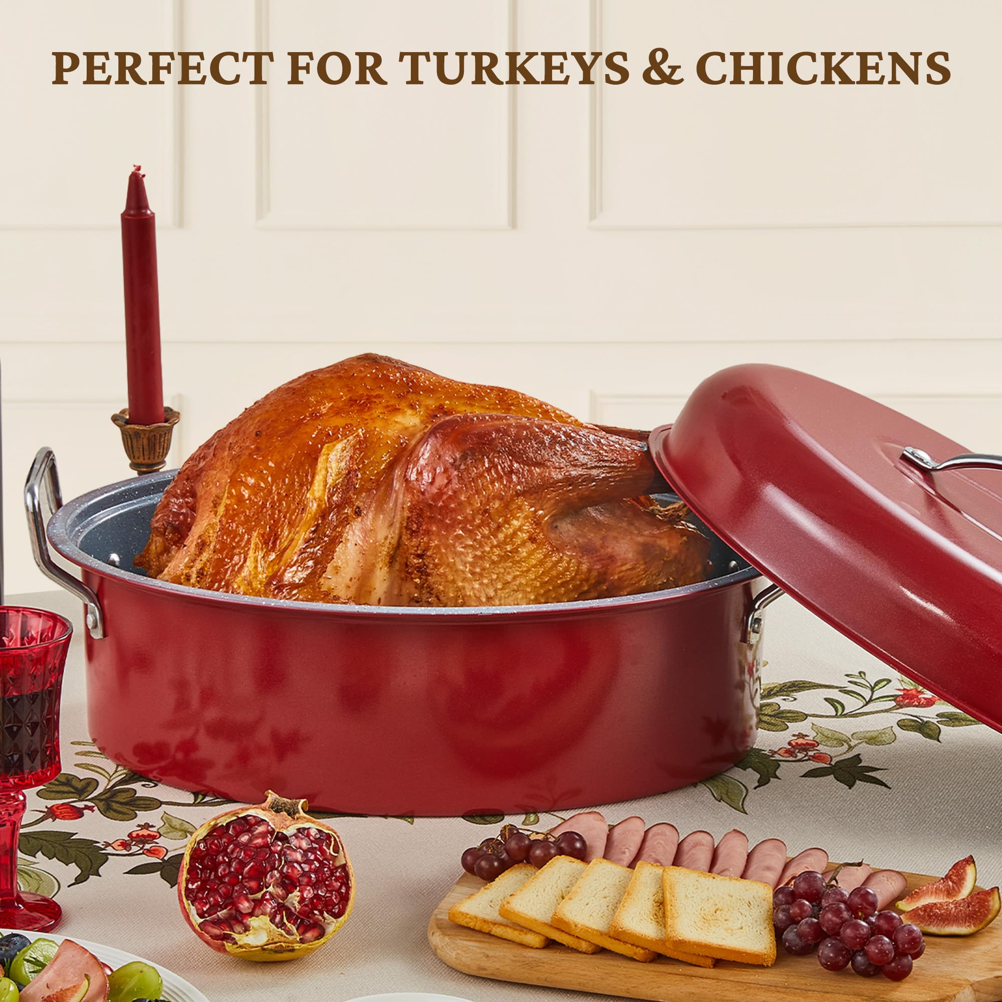 BRONYPRO Large Turkey Roasting Pan with Lid & Rack, 18-Inch Durable Granite Non-Stick Roaster, 20 lb Capacity for Roasting Turkey, Chicken, or Vegetables, Red