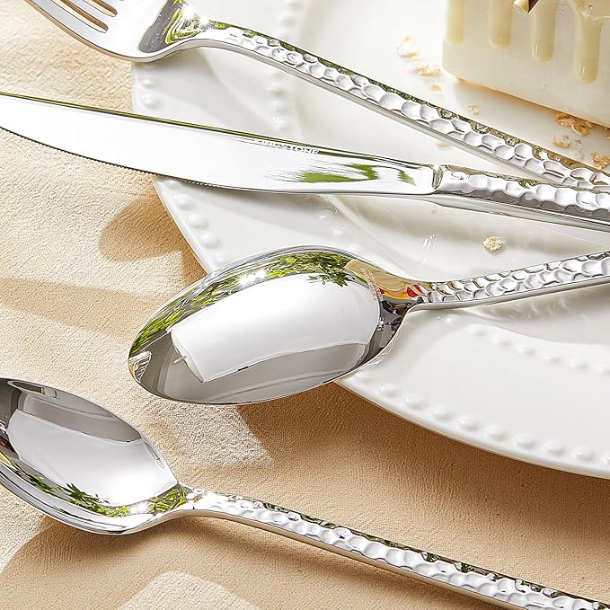 20 Piece Hammered Silverware Set, 18/10 Stainless Steel Flatware Set for 4