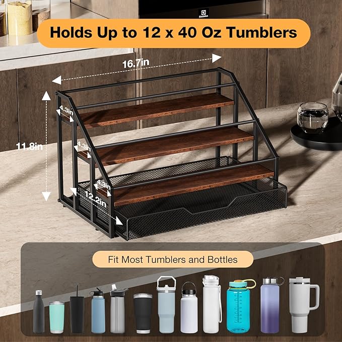 MOJOHAND 4-Tier Stanley Cup Rack with Basket for 12 Tumblers, Natural Wood