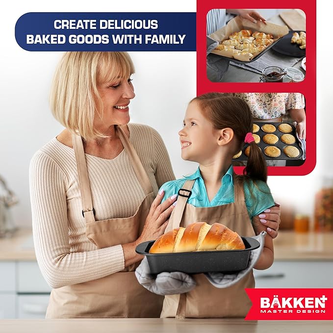 BAKKEN 6-Piece Kitchen Baking Pan Set - Commercial Grade Carbon Steel Bakeware, With Nonstick Coating, Stackable and Space-saving Design, PFOA, PFOS, PTFE Free, Oven Safe (Up To 450°F), Gray Marble