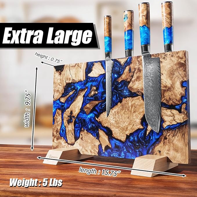 SENKEN "Dark Tsunami" Extra Large Magnetic Knife Block - Holds Up to 16 Knives - Knife Block without Knives, Beautiful Dark Blue Resin Burl Wood Blend Knife Holder ("Dark Tsunami " Blue Resin Blend)