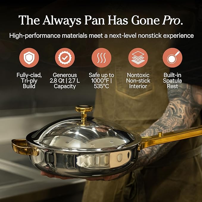Our Place Titanium Always Pan Pro | 10.6" PFAS-Free Nonstick Frying Pan with Spatula | Chef-Grade Tri-Ply Stainless Steel & Aluminum Build | Induction & Oven-Safe up to 750°F | Gold