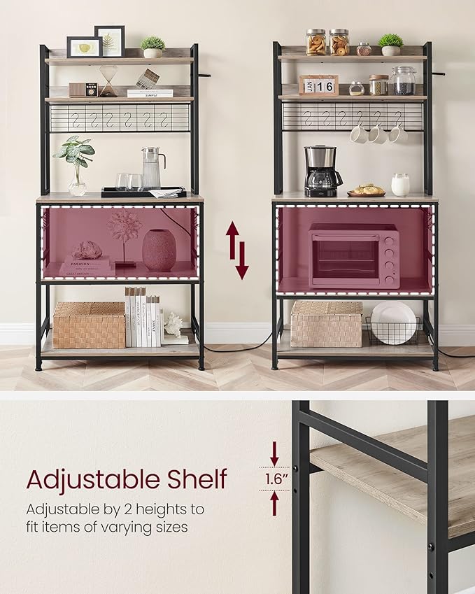 VASAGLE Hutch Bakers Rack with Power Outlet, 14 Hooks Microwave Stand, Adjustable Coffee Bar with Metal Wire Panel, Kitchen Storage Shelf, 15.7 x 31.5 x 66.9 Inches, Greige and Black UKKS025B02