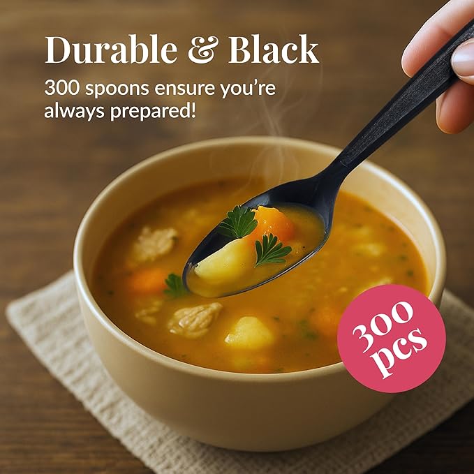 Prestee 300 Black Plastic Spoons Bulk - Durable Disposable Plastic Silverware Spoons - Heat-Resistant Spoon Cutlery - Heavy Duty Flatware Pack - Disposable Silverware Utensil Set for Hot and Cold Food
