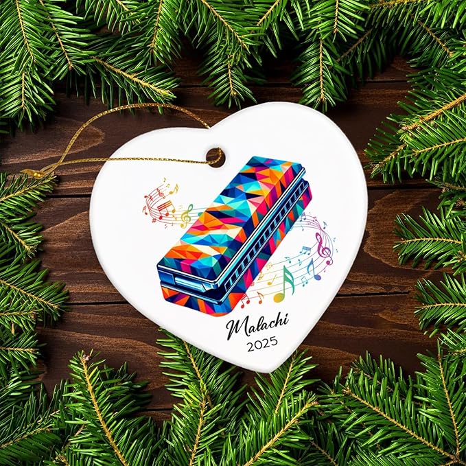 Harmonica Xmas Ceramic Ornaments 2026, Personalized Name & Year Harmonica Musical Ornament Gifts for Music Lovers, Instrumentalist Christmas Ceramic Ornaments Tree, Custom Musician Keepsake Ornament