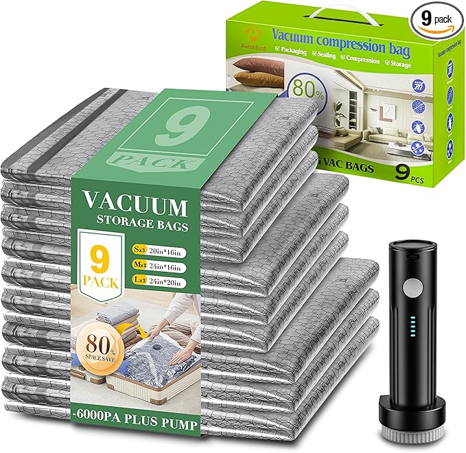 Aaronbird Vacuum Seal Bags for Clothing with Wireless Electric Pump - Travel & Home Use, 9 Pack Ideal Space Saver Vacuum Storage Bags, Travel Vacuum Bags for Luggage