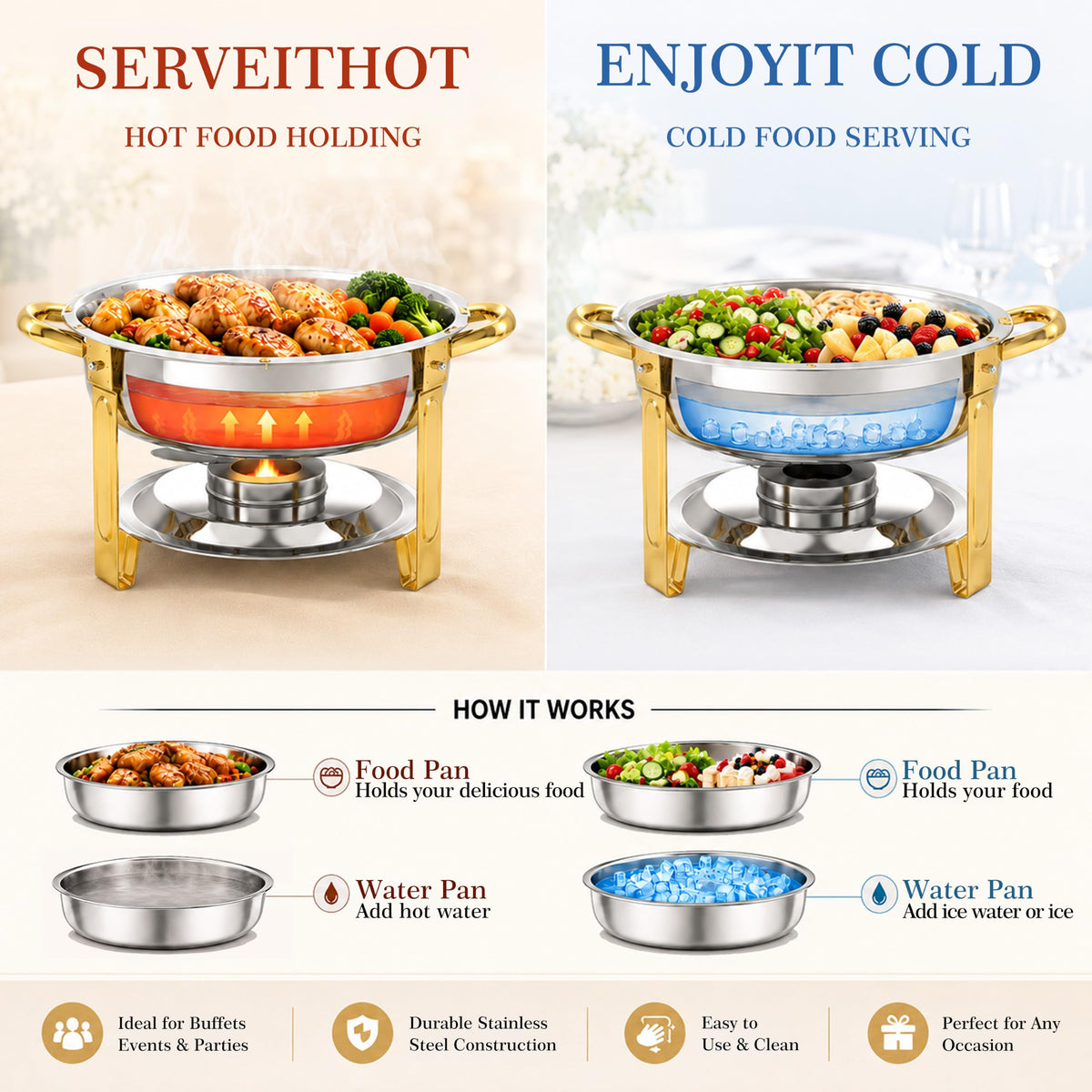Frizoky 7QT Round Chafing Dishes for Buffet, 4 Pack, Gold Accent