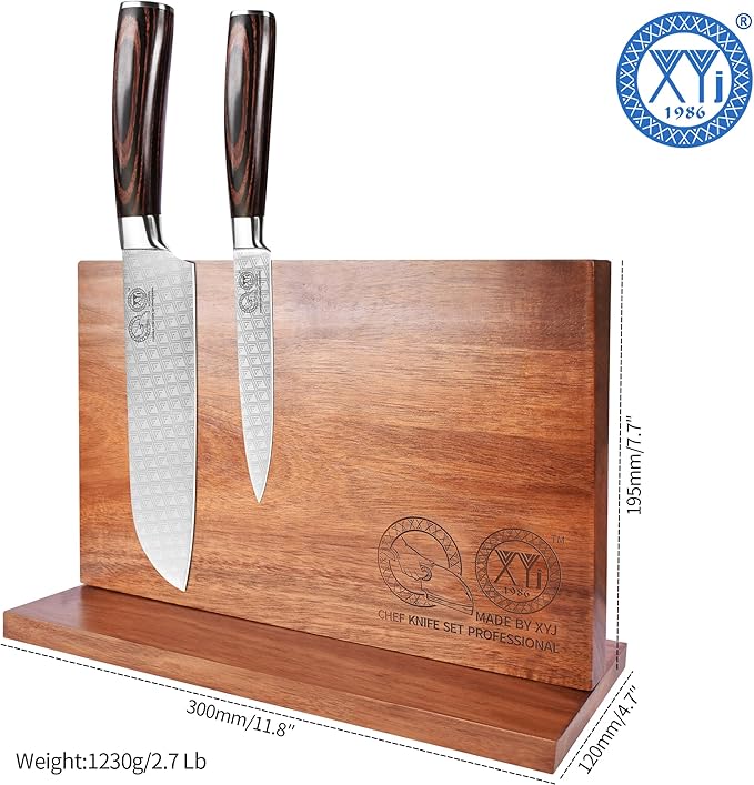 XYJ Magnetic Knife Block, Acacia Wood Knife Holder with Strong Magnets