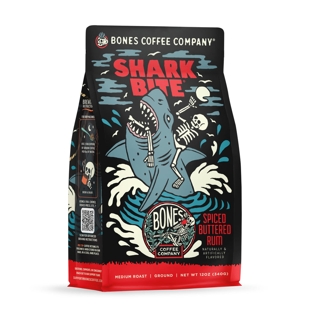 Bones Coffee Company Shark Bite, Buttered Rum Flavored Coffee, Medium Roast Low Acid Arabica Beans Compatible with Auto drip and French Press Coffee Maker, 12 Oz Ground