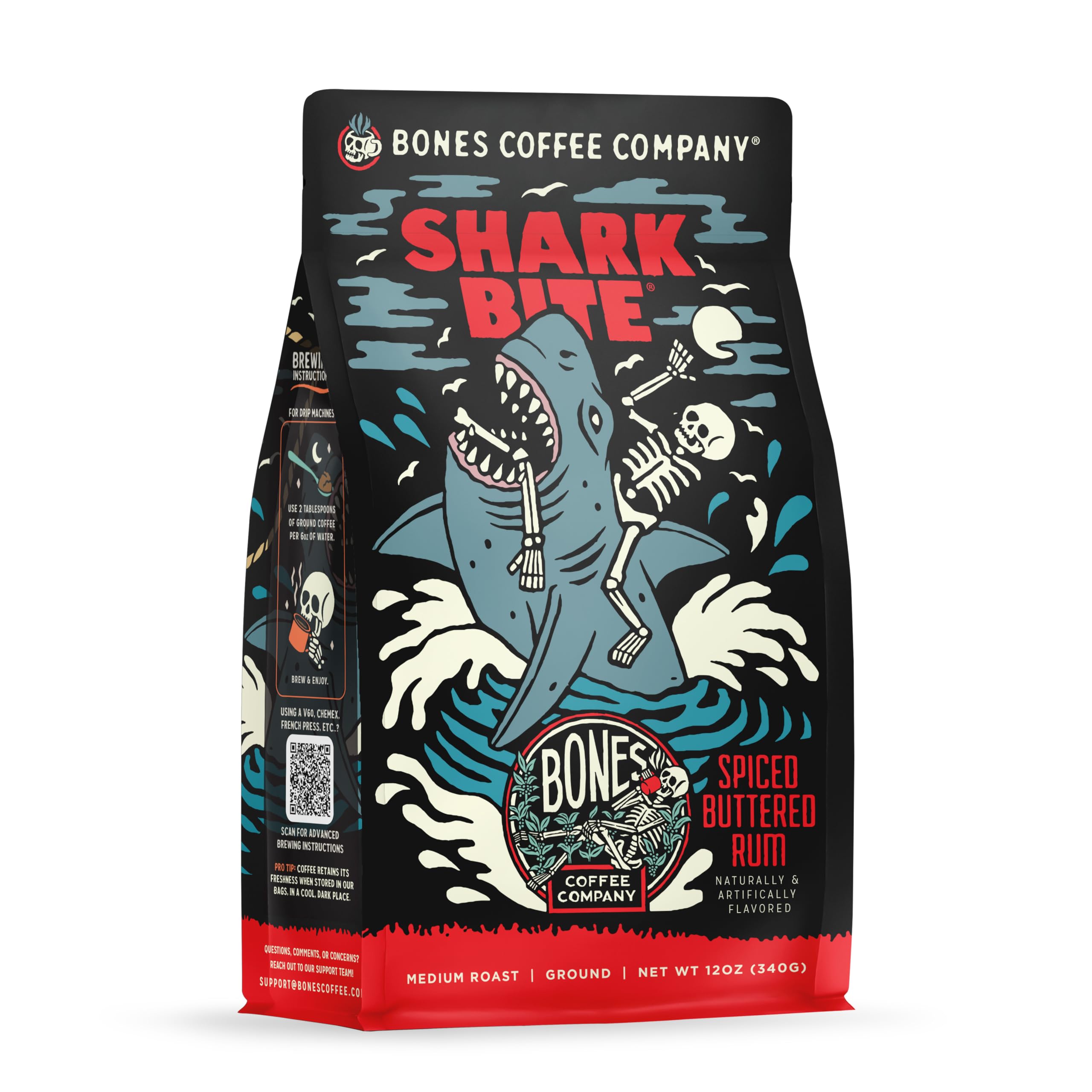 Bones Coffee Company Shark Bite, Buttered Rum Flavored Coffee, Medium Roast Low Acid Arabica Beans Compatible with Auto drip and French Press Coffee Maker, 12 Oz Ground