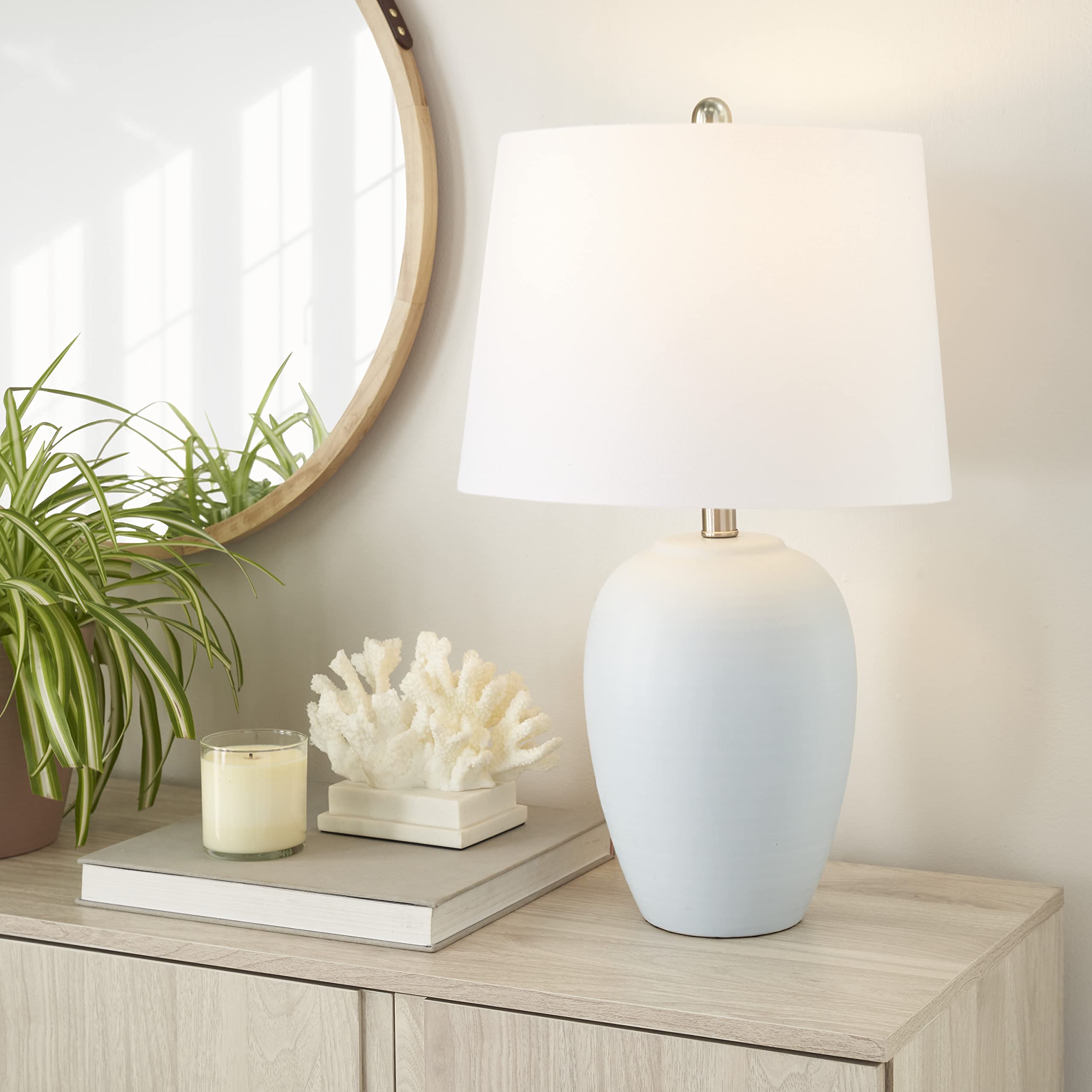 Nourison Home 23" Coastal Blue Ceramic Pot Table Lamp for Bedroom, Living Room, Dining Entryway, with White Shade