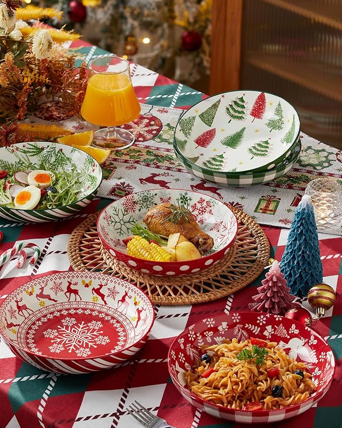 Metahom Christmas Pasta Bowl Set, 8 Inch Salad Serving Bowl, Wide and Shallow Bowl Plate for Kitchen, Dishwasher and Microwave Safe, Set of 6
