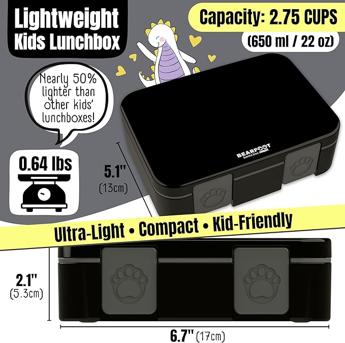BEARFOOT Kids Lunch Box with Compartments – Compact & Lightweight | Leak-Proof, BPA-Free, Dishwasher Safe | Hand-Drawn Design for Preschool, School, Travel (Black, 2.75 Cups)