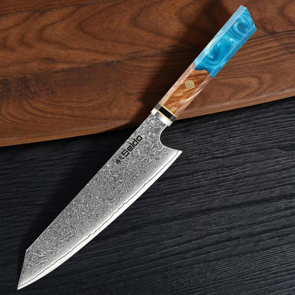 Seido Knives 8.5 Inch Kiritsuke Damascus Chef Knife, VG10, Blue Resin