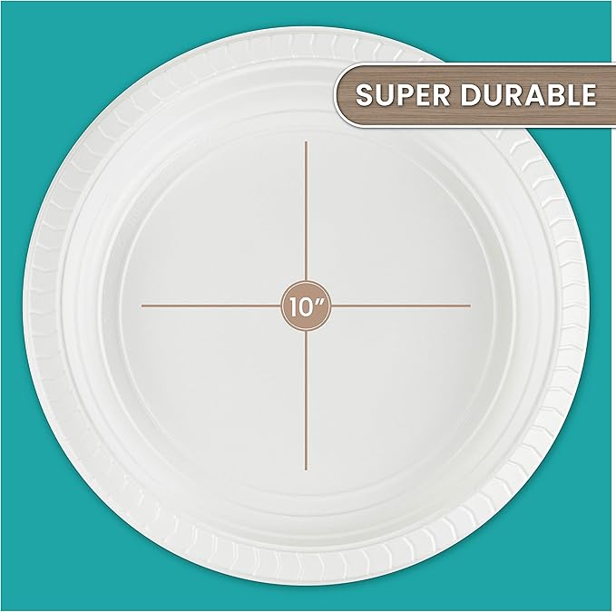 PLASTICPRO Round Plastic Plates Microwaveable, Disposable, White
