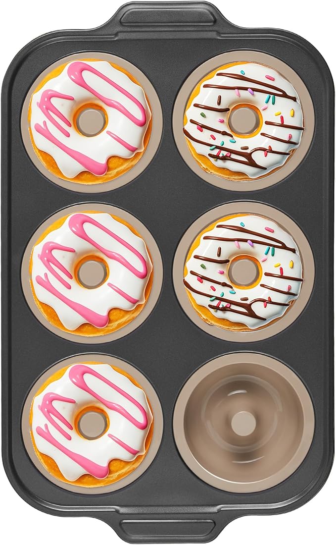 BRONYPRO Silicone Donut Pan for Baking with Metal Reinforced Frame, 6-Cavity Nonstick Doughnut Mold, Large Donut Size, Food-Grade Bakeware, Oven Dishwasher Freezer Safe, Gray