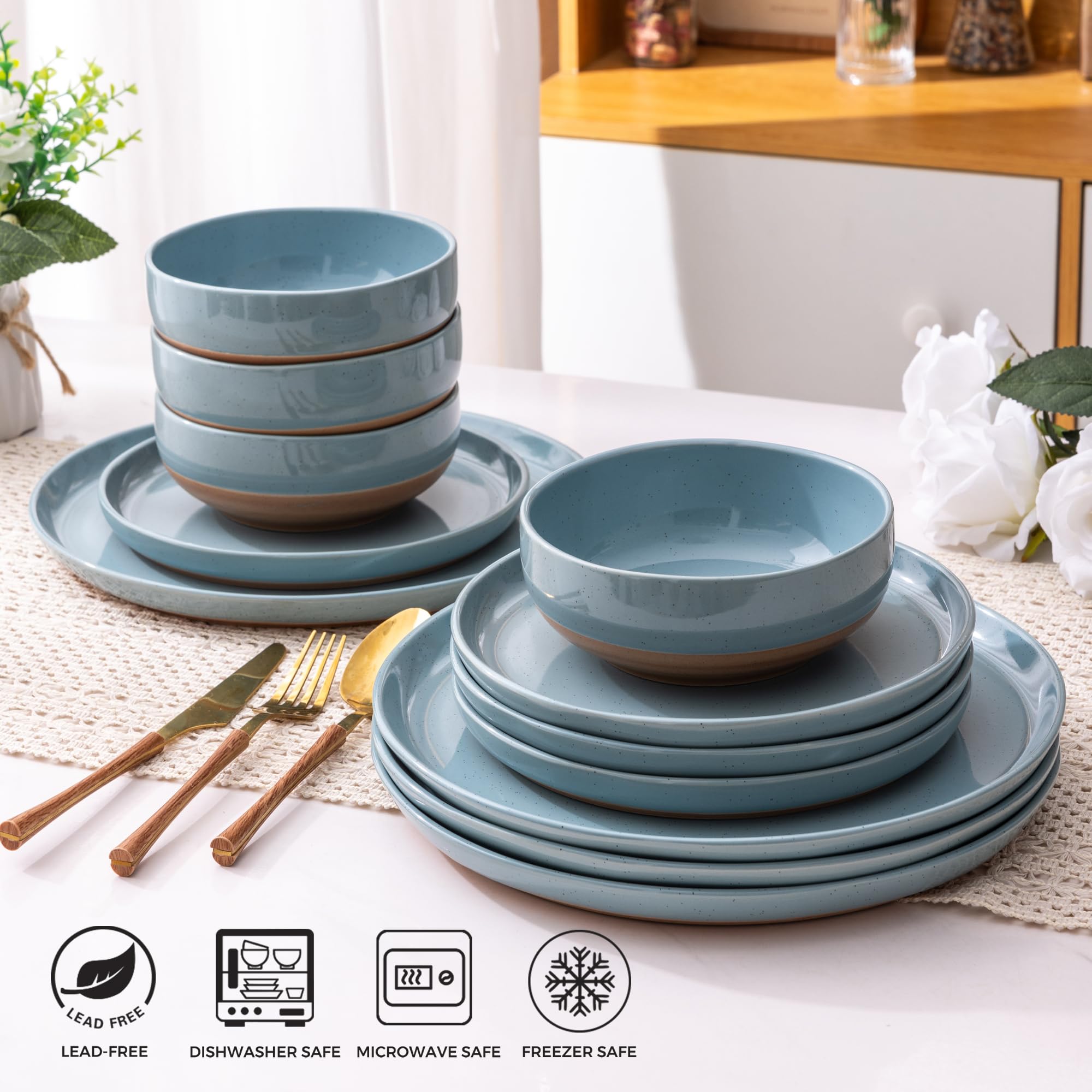 AmorArc Dinnerware Sets for 6, 18 Pieces Ceramic Plates and Bowls Set
