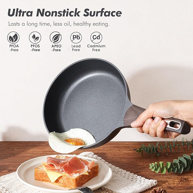 SENSARTE Pots and Pans Set Non stick, Non toxic Healthy Induction Cookware Sets, 14 Pcs Non Stick Kitchen Cooking Set with Frying Pans Set & Saucepan, PFOA PFOS APEO Free, Black