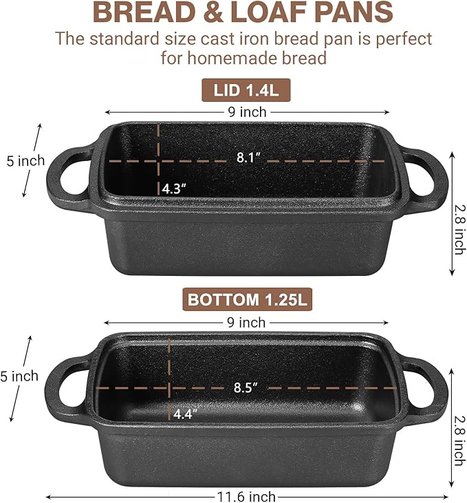 Apatiner 2 in 1 Cast Iron Bread Pan with Lid, Durable Loaf Pans for Baking Homemade Sourdough and Meatloaf, Bread Oven Cast Iron Cookware, Bread Loaf Pan, Sourdough Baking Pan