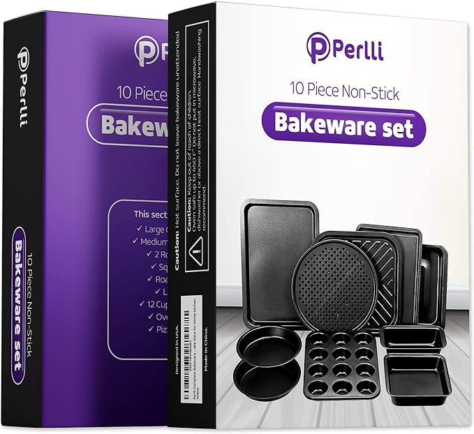 PERLLI Non-Stick 10-Piece Bakeware Set – Carbon Steel with Even Heat Distribution, Oven Safe to 446°F, BPA-Free, Dishwasher Safe, Stackable Baking Tools for Easy Storage and Everyday Cooking - Gray