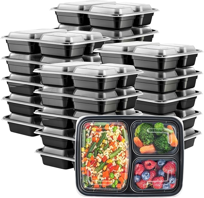 GUSTO 24 oz - 3 Compartment Meal Prep Containers with Lids – [50 Count] Reusable, Microwaveable, Dishwasher & Freezer Safe, BPA-Free Food Storage Boxes for Portion Control (Formerly Comfy Package)
