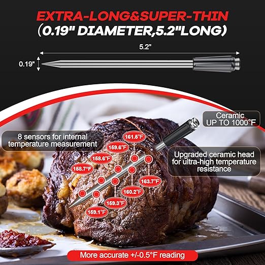 800FT Wireless Meat Thermometer Digital with 2 Upgraded Ultra-Thin Probe, Large Touchscreen, Kitchen Food Thermometer for Cooking Oven, Smoker, Rotisserie, BBQ, Christmas Gifts (White)