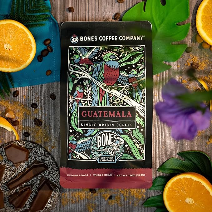 Bones Coffee Company Guatemala Single-Origin, Milk Chocolate, Citrus and Caramel Notes, Ground Coffee Beans, Low Acid Medium Roast Arabica Beans Flavored Coffee, 12 oz Ground