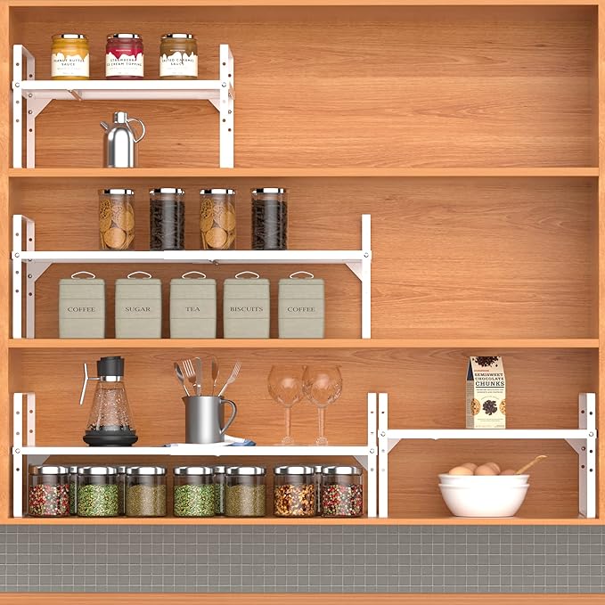GEDLIRE Expandable Kitchen Cabinet Shelf Organizers, Stackable Metal Pantry Storage Shelves Rack, Adjustable Counter Spice Shelf for Cabinets, Countertop, Cupboard Organizers and Storage, White