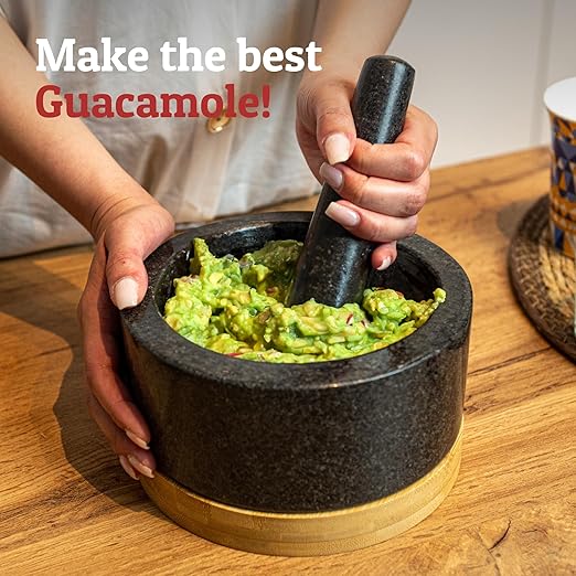 PriorityChef Heavy Duty Mortar and Pestle Set with Bamboo Base, 100% Natural Granite Stone Grinder, Guacamole Bowl and Masher, 4 Cups, Black