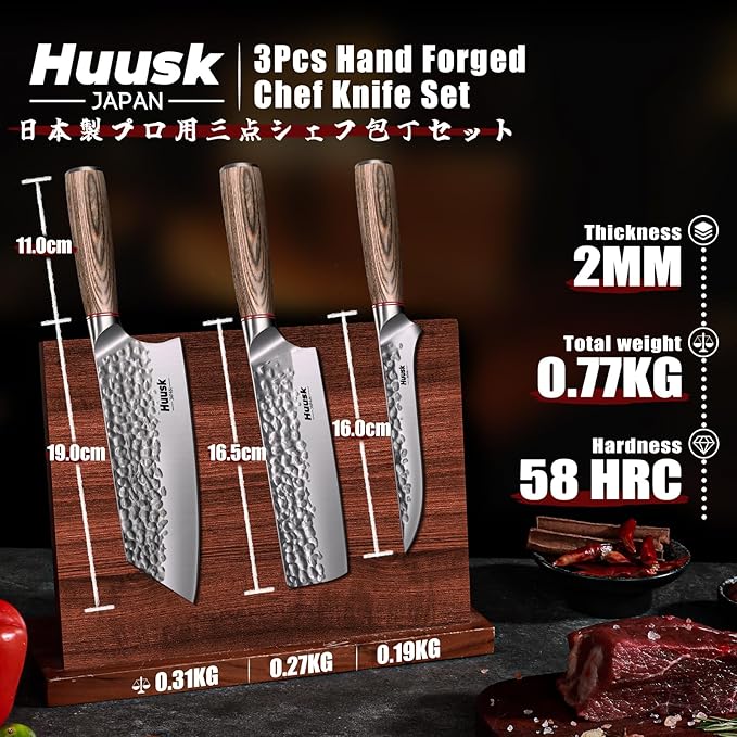 Huusk Kitchen Knife Set of 3 - Japanese Nakiri Vegetable Knife