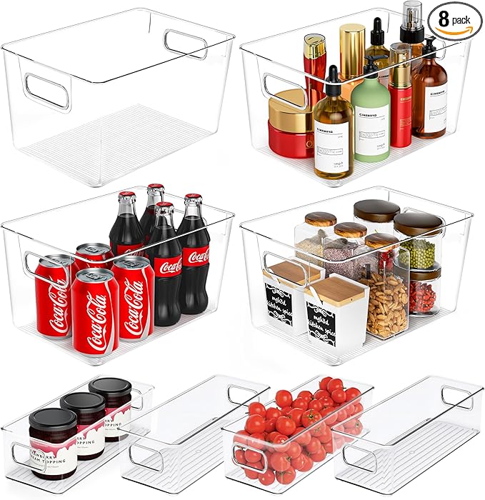 SKTKSE Clear Plastic Storage Bins 8 Pack - Pantry Organizers and Storage, Fridge Organizer Containers for Kitchen, Cabinet, Freezer, Bathroom, Clost, Home Organization