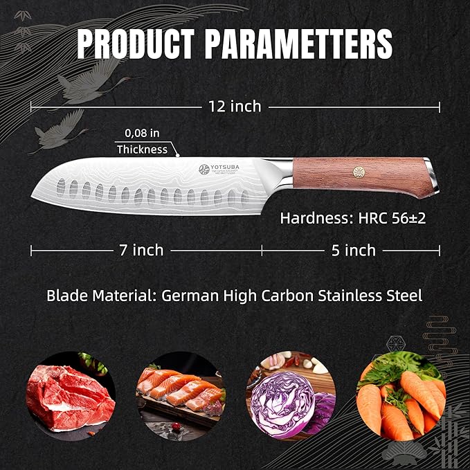 YOTSUBA 7" Santoku Japanese Chef Knife – Forged High Carbon Stainless Steel (HRC 56±2) – Precision Edge & Long-Lasting – Ergonomic Rosewood Kitchen Knife Handle – Gift for Home Cooks and Pro Chefs