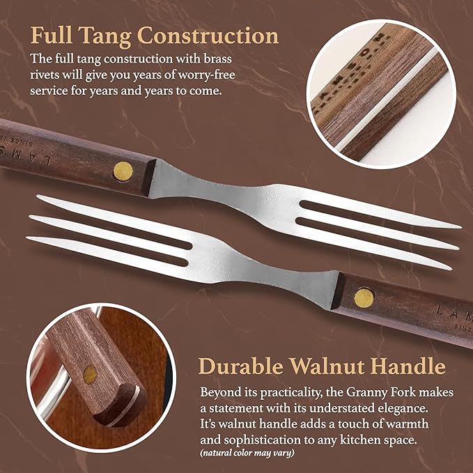 Lamson Pickle Fork, 3 Tine Stainless Cooking Fork, Walnut Handle, 7 In